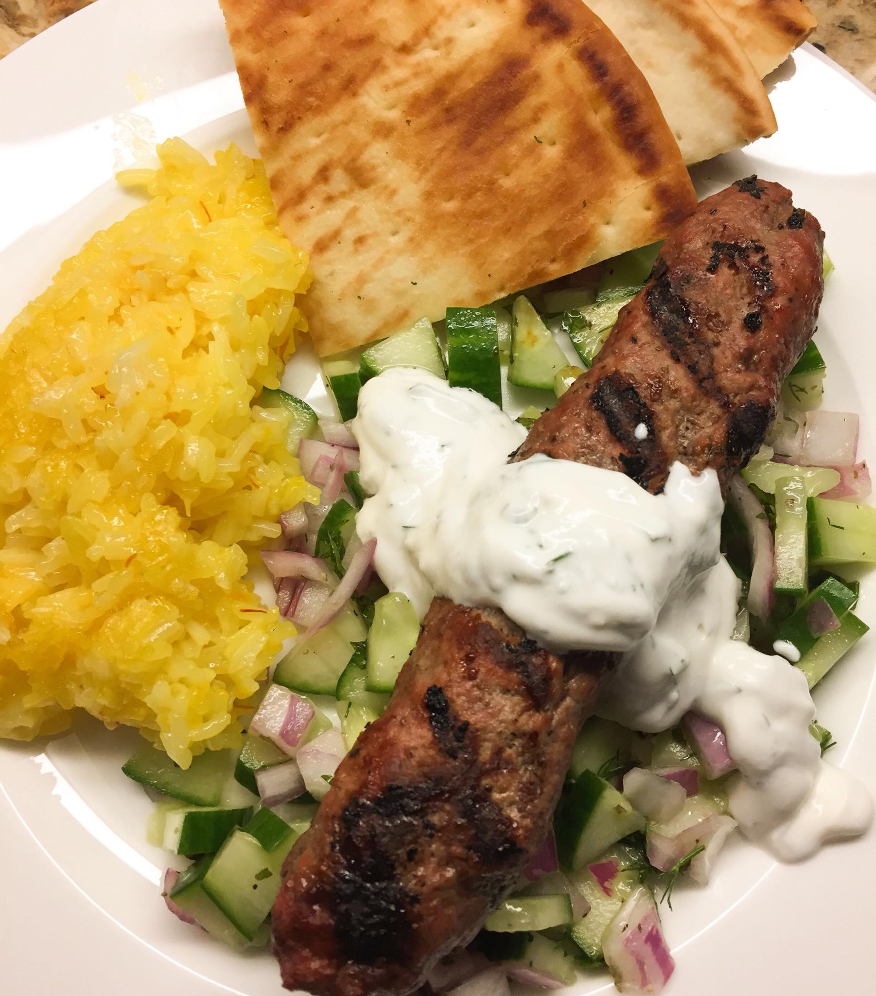 Beef Kebabs with Cucumber, Mint & Dill Salad with Saffron Basmati Rice